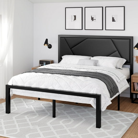 Einfach Full Size Bed Frame Geometric Litchi Grain Leather Upholstered Headboard, Black