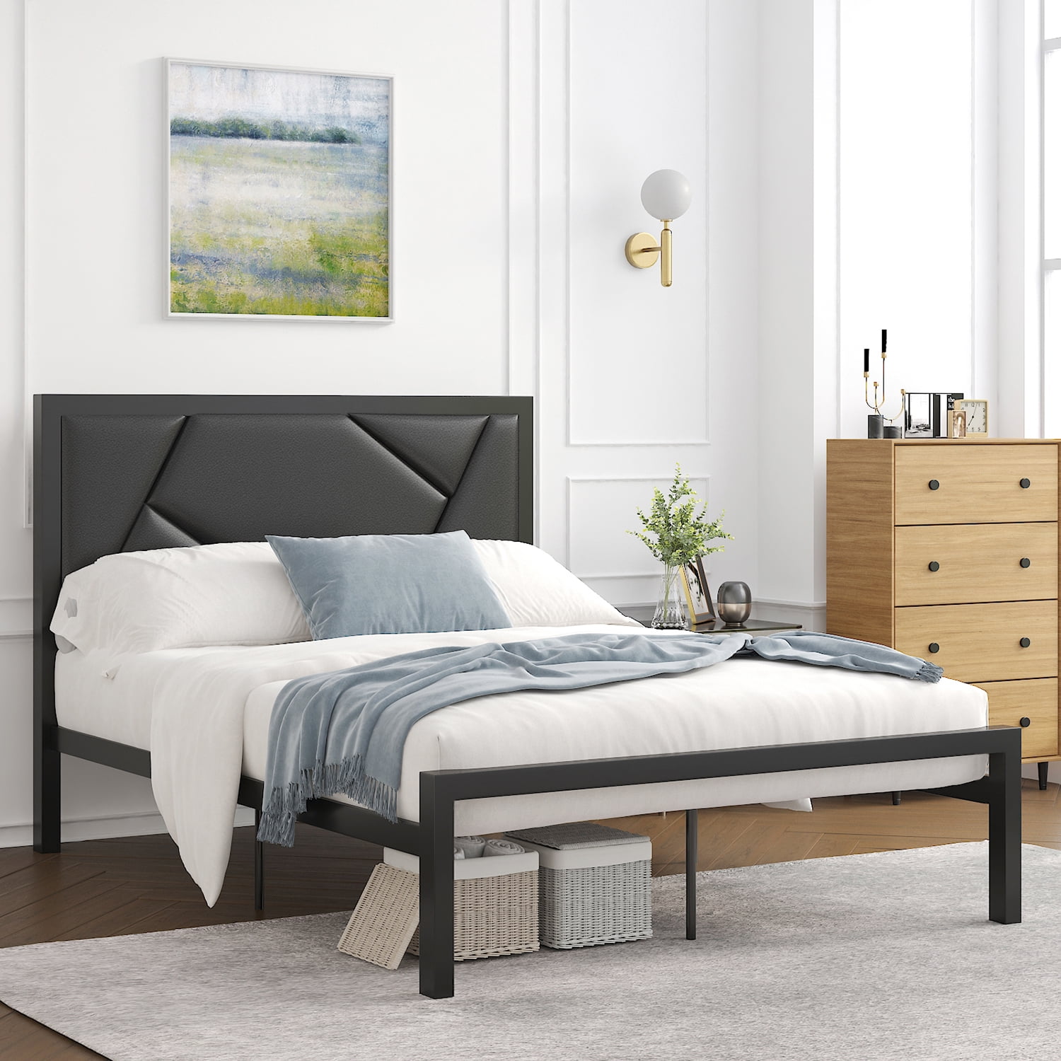 Einfach Full Size Bed Frame Geometric Litchi Grain Leather Upholstered ...