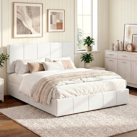 Einfach Full Size Bed Frame, Upholstered Platform Bed with Height Adjustable Headboard, Easy Assembly, Noise-Free, White