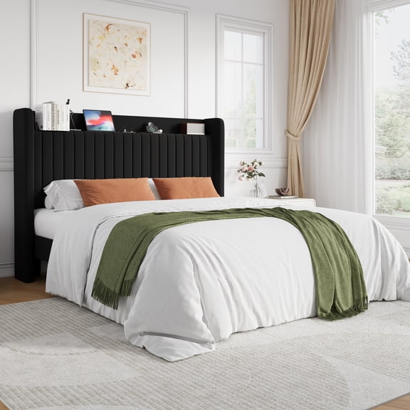 Einfach Full Size Bed Frame, Velvet Upholstered Headboard with Charging Station & Storage Shelf, Ample Under-bed Storage Space, Black