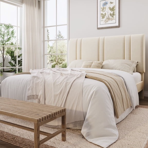 Einfach Full Size Bed Frame with Adjustable Upholstered Headboard, Velvet Fabric, Noise-Free, No Box Spring Needed, Easy Assembly, Cream
