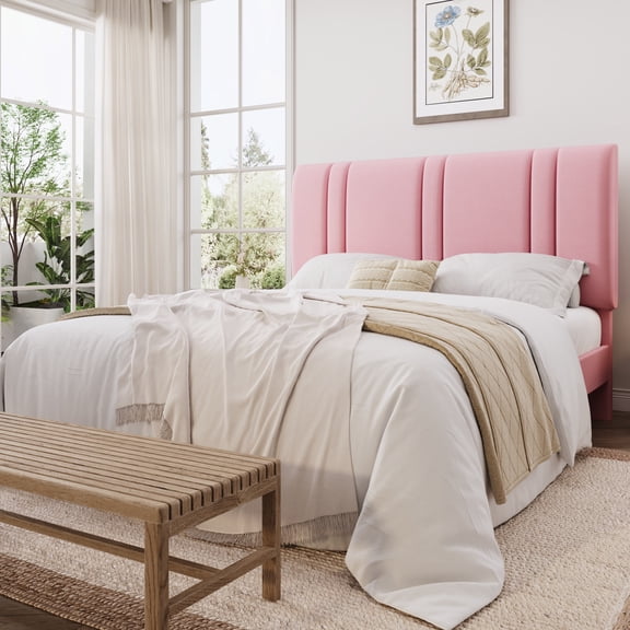 Einfach Full Size Bed Frame with Adjustable Upholstered Headboard, Velvet Fabric, Noise-Free, No Box Spring Needed, Easy Assembly, Pink