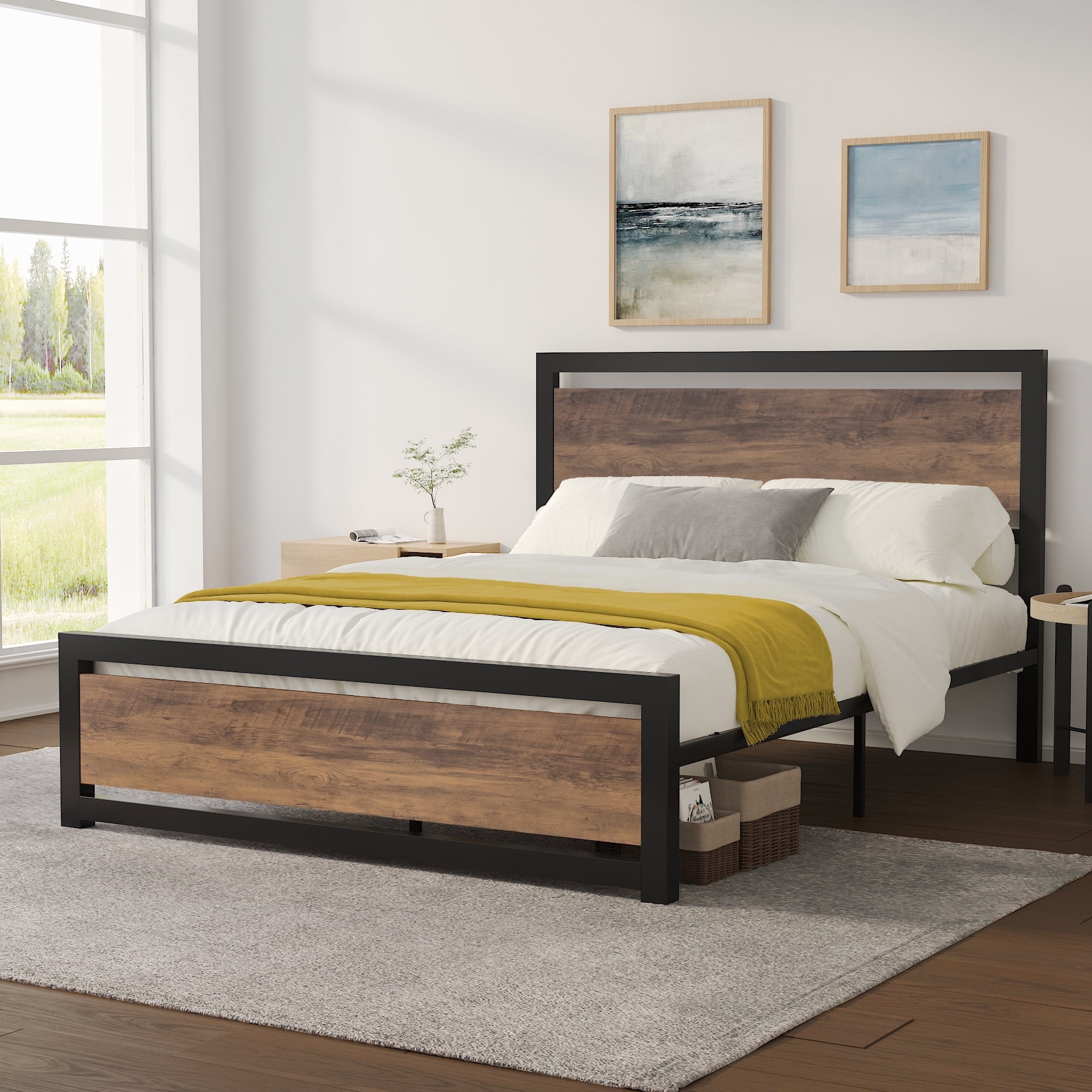 Einfach Full Size Metal Platform Bed Frame with Wooden Headboard ...