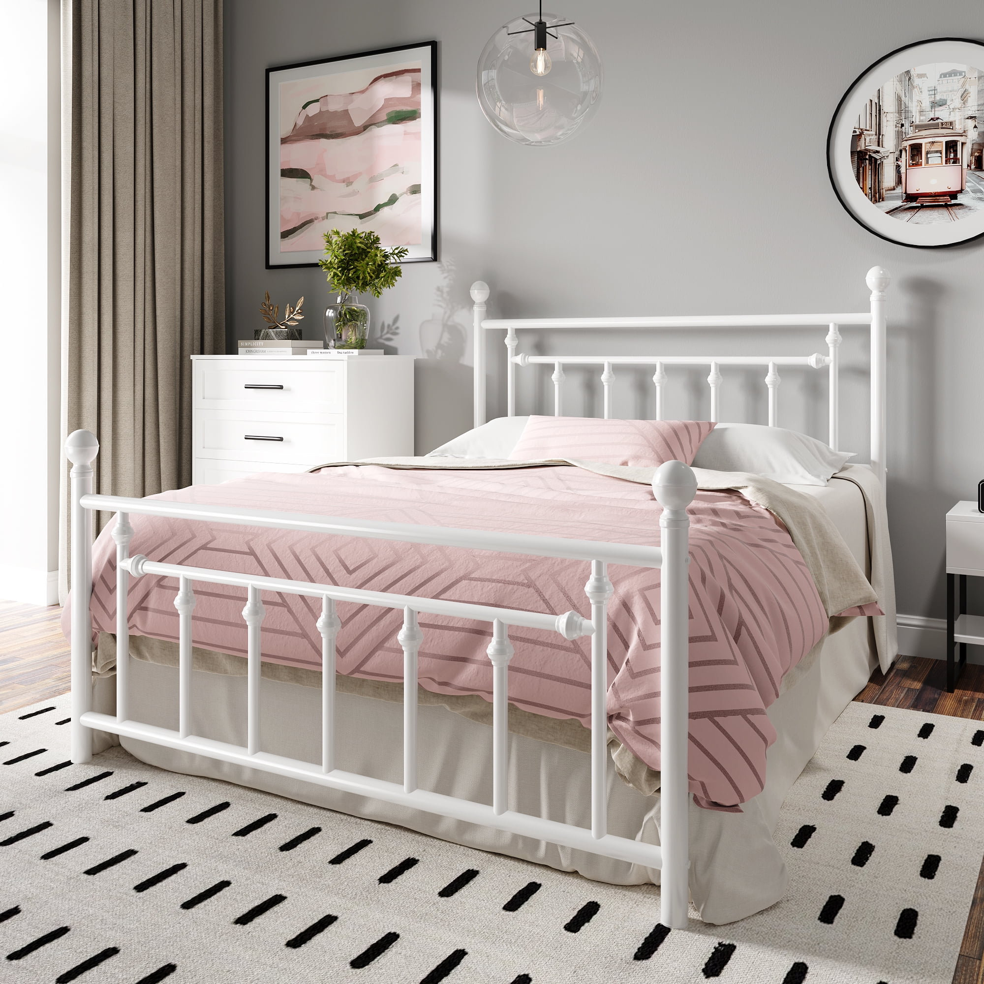Einfach Full Size Bed Frame with Victorian Style Iron Art Headboard and Footboard White