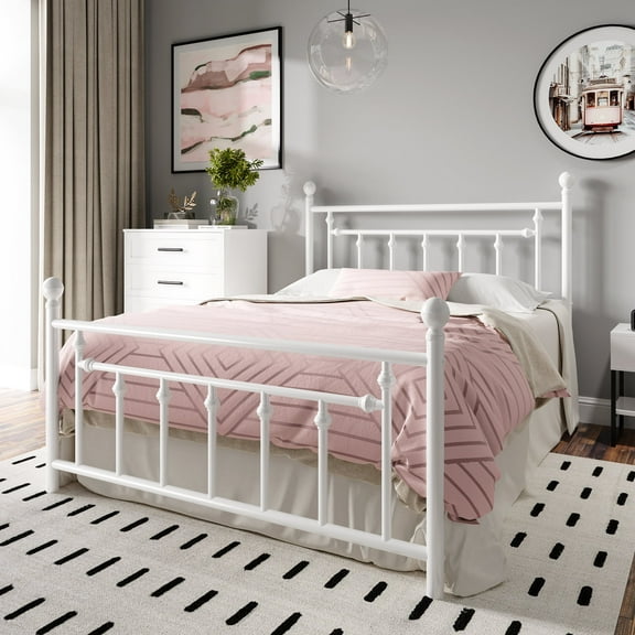 Einfach Full Size Metal Platform Bed Frame with Victorian Style Headboard & Footboard, Under-Bed Storage, White