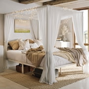 Einfach Full Size Canopy Bed Frame with Metal Headboard, No Box Spring Needed, White