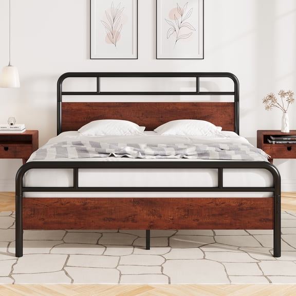 Einfach Full Size Heavy Metal Bed Frame with Headboard, Dark Brown