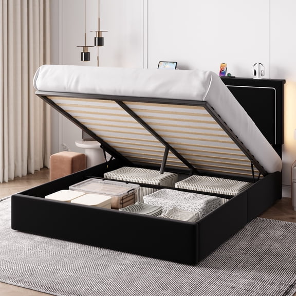 Einfach Full Size Lift Up Hydraulic Bed Frame, Upholstered Velvet Storage Headboard Platform Bed with LED Light and Built-in Charging Station, Black
