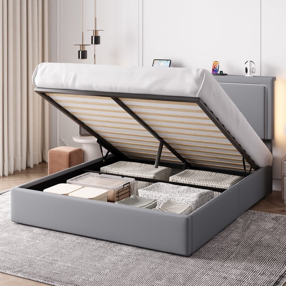 Einfach Full Size Lift Up Hydraulic Bed Frame, Upholstered Velvet Storage Adjustable Headboard with LED Light and Built-in Charging Station, Grey