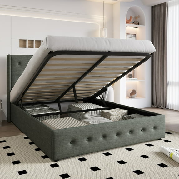 Einfach Full Size Lift up Platform Storage Bed Frame with Fabric Upholstered Wingback Button Tufted Headboard, Dark Gray