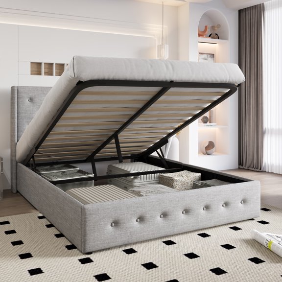 Einfach Full Size Lift up Platform Storage Bed Frame with Fabric Upholstered Wingback Button Tufted Headboard, Light Gray