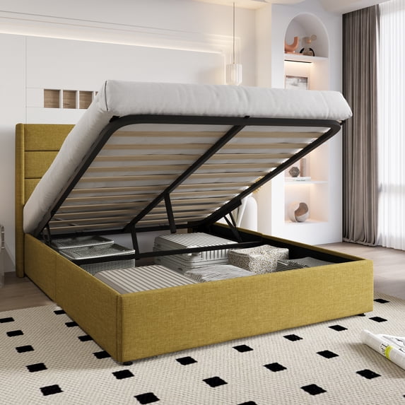 Einfach Full Size Lift up Platform Storage Bed Frame with Fabric Upholstered Wingback Panel Headboard, Olive Yellow