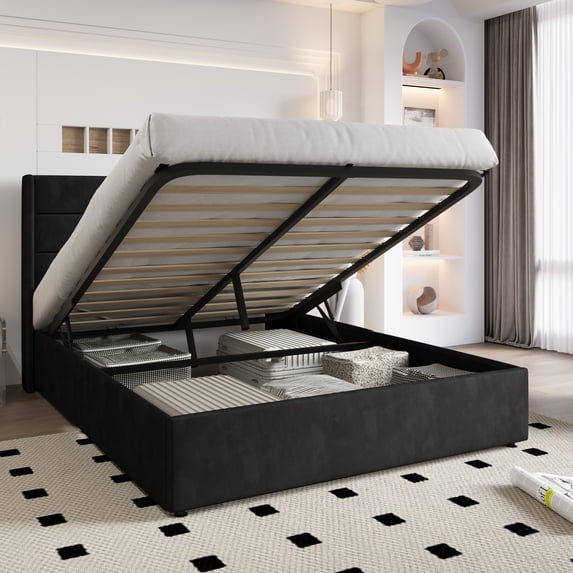 Einfach Full Size Lift up Platform Storage Bed Frame with Velvet Upholstered Wingback Panel Headboard, Black
