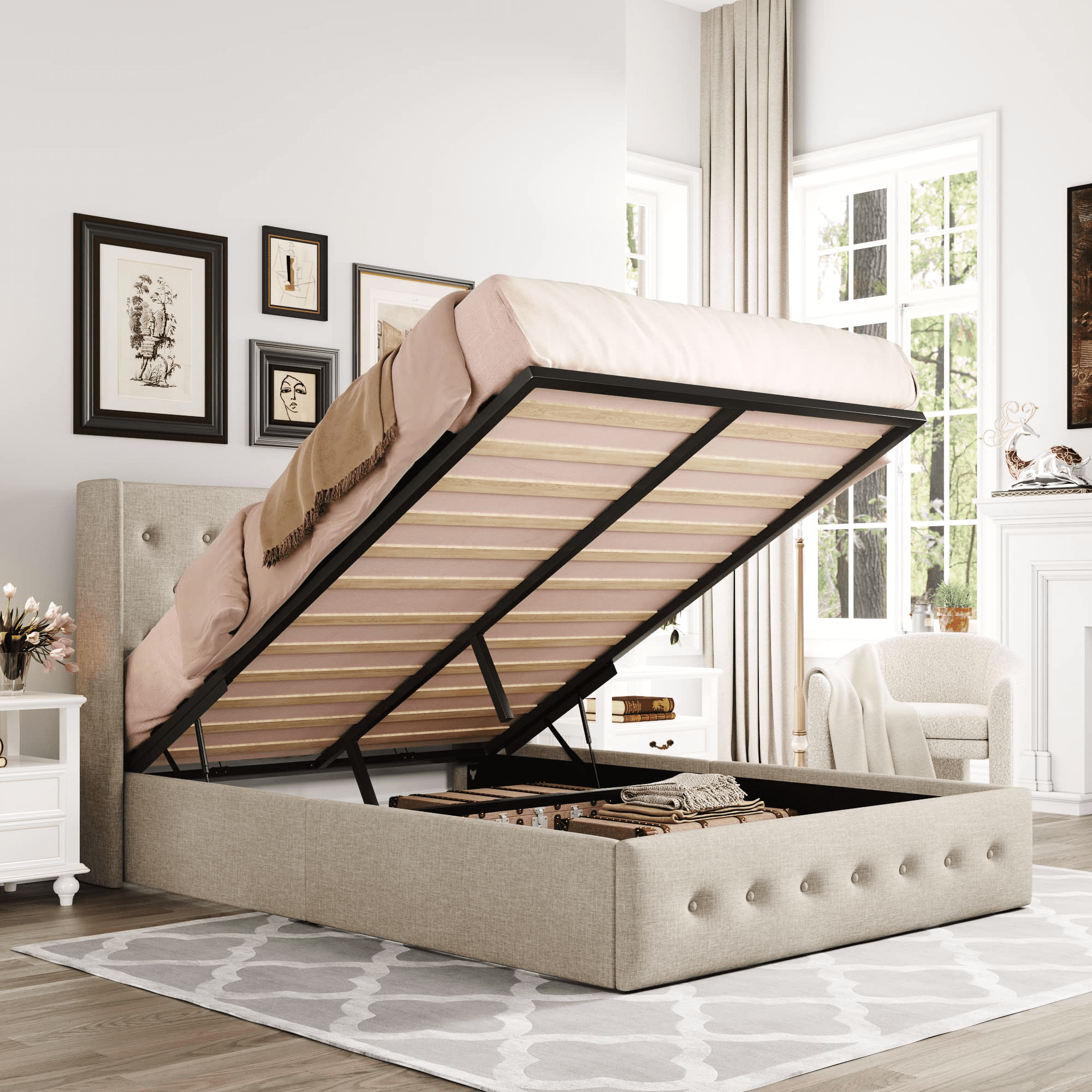 Einfach Full Size Lift up Storage Bed with Wingbacks and Button Tufted Headboard Beige