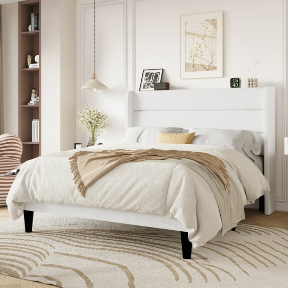 Einfach Full Size Luxury Velvet Upholstered Platform Bed Frame with Wingback Headboard, Off-White