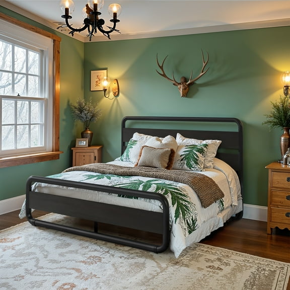 Einfach Full Bed Frame with Headboard and Footboard, No Box Spring Required, Black