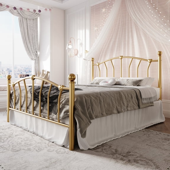 Einfach Full Bed Frame, Metal Platform Bed with Heart-Shaped Headboard and Footboard, 12.6'' Under-Bed Storage Space, No Box Spring Needed, Gold