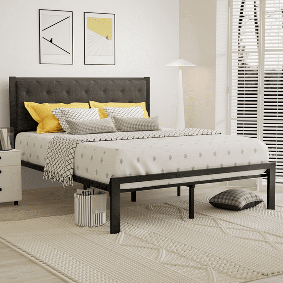 Einfach Full Size Platform Bed Frame with Button Tufted Headboard, Grey