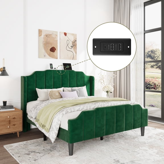 Einfach Full Size Platform Bed Frame with Curved Velvet Wingback Headboard & USB Charging Station, Green