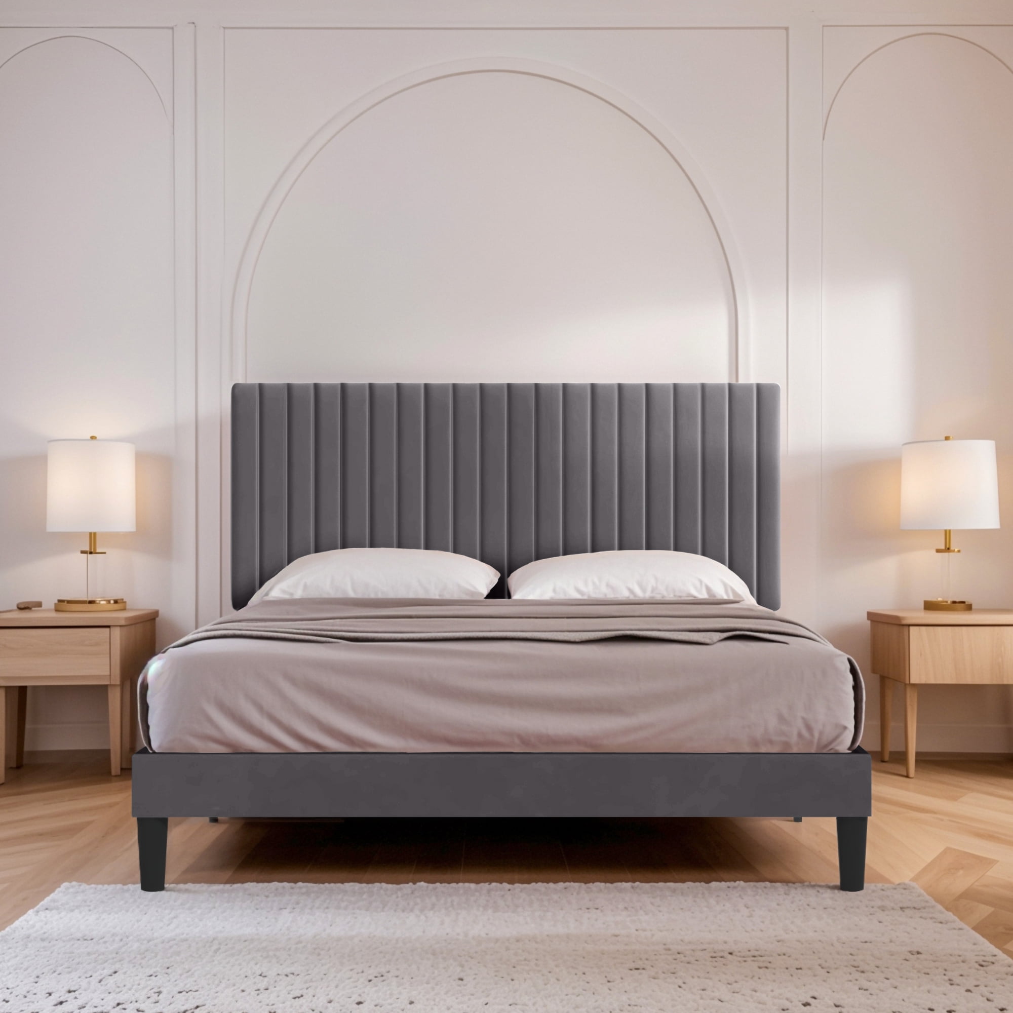 Einfach Full Size Platform Bed Frame with Upholstered Adjustable Velvet Vertical Tufted Headboard, Grey