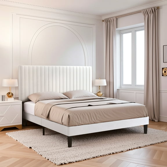Einfach Full Size Platform Bed Frame with Upholstered Adjustable Velvet Vertical Tufted Headboard, White