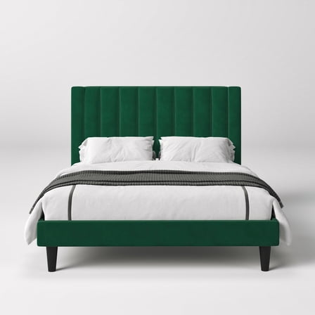 Einfach Full Size Platform Bed Frame with Upholstered Velvet Vertical Headboard, Green