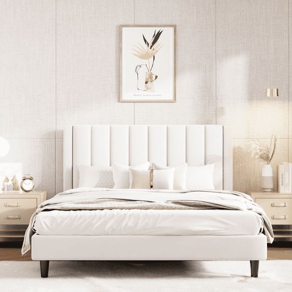 Einfach Full Size Platform Bed Frame with Upholstered Velvet Vertical Headboard, White