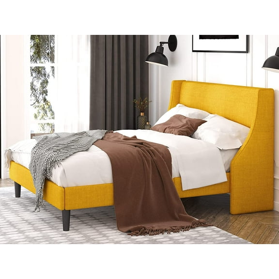 Einfach Full Size Platform Bed Frame with Upholstered Wingback Headboard, Light Yellow