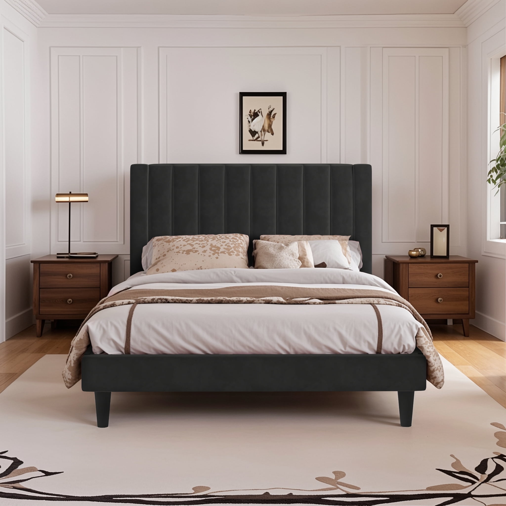 Einfach Full Size Platform Bed Frame with Upholstered Velvet Vertical Headboard, Black