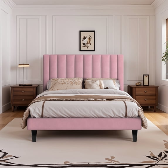 Einfach Full Size Platform Bed Frame with Upholstered Velvet Vertical Headboard, Pink