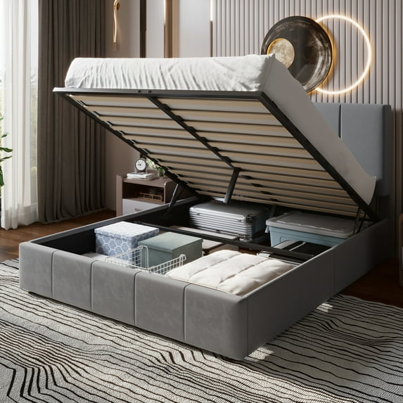 Einfach Full Size Storage Bed Frame, Lift Up Velvet Platform Bed with Adjustable Upholstered Headboard, No Box Spring Needed, Gray