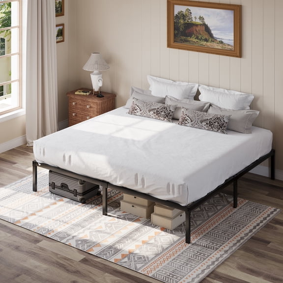 Einfach King Bed Frame, 12'' Metal Platform Bed with Ample Under-Bed Storage Space, Heavy Duty, No Box Spring Needed, Black