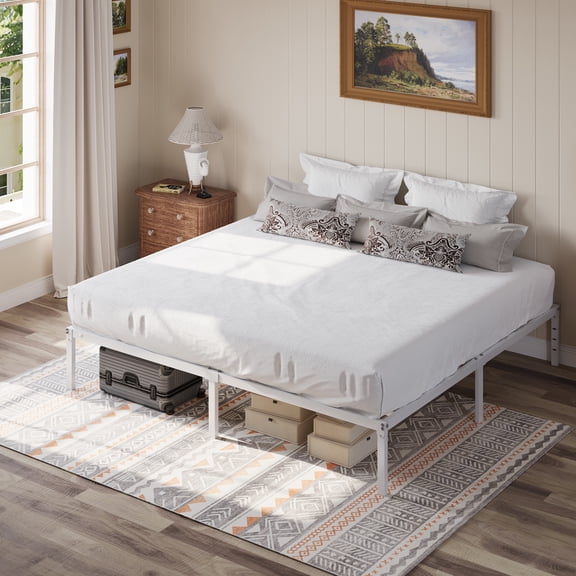 Einfach King Bed Frame, 12'' Metal Platform Bed with Ample Under-Bed Storage Space, Heavy Duty, No Box Spring Needed, White