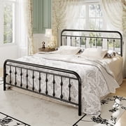 Einfach King Bed Frame, Metal Platform Bed with Vintage Headboard, No Box Spring Needed, Heavy Duty, Black