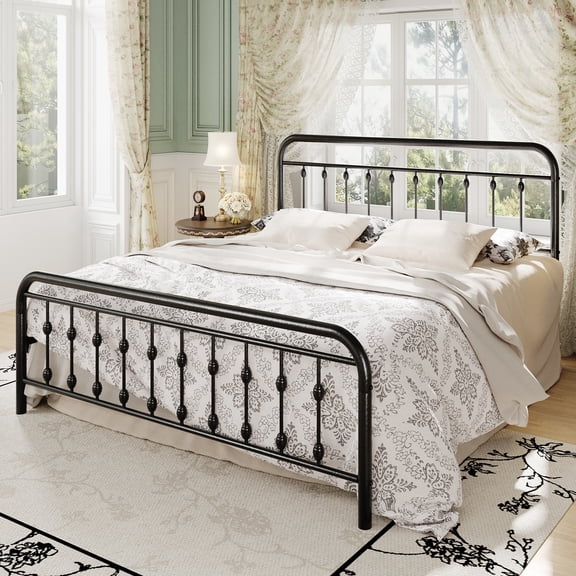 Einfach King Bed Frame, Metal Platform Bed with Vintage Headboard, No Box Spring Needed, Heavy Duty, Black