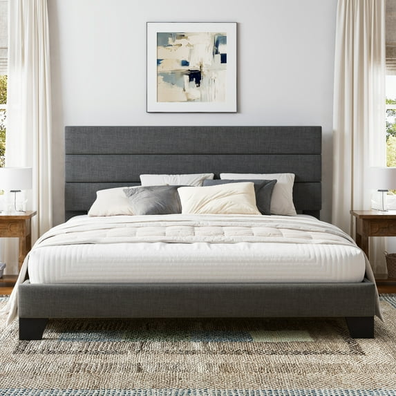 Einfach King Bed Frame, Platform Bed Frame with Panel Upholstered Fabric Headboard, Dark Grey