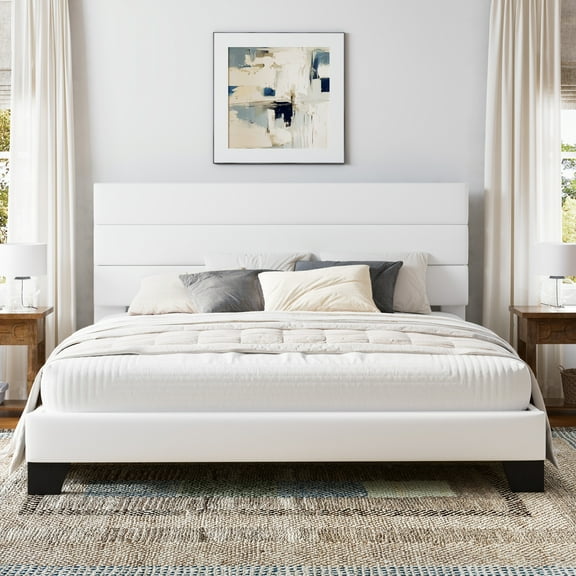 Einfach King Bed Frame, Platform Bed Frame with Panel Upholstered Velvet Headboard, White
