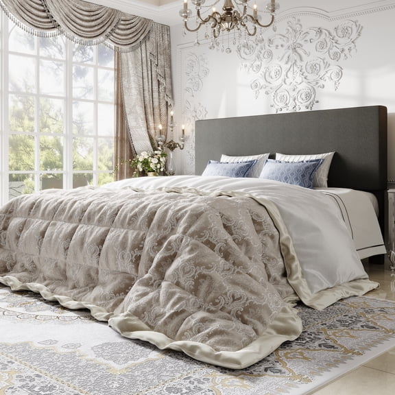 Einfach King Bed Frame, Platform Bed with Upholstered Adjustable Headboard, Gray, Nubby Fabric