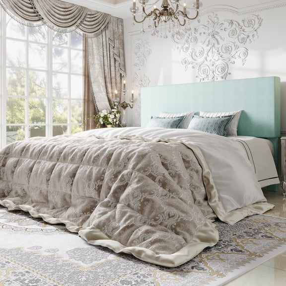 Einfach King Bed Frame, Platform Bed with Upholstered Adjustable Headboard, Ice Blue, Nubby Fabric