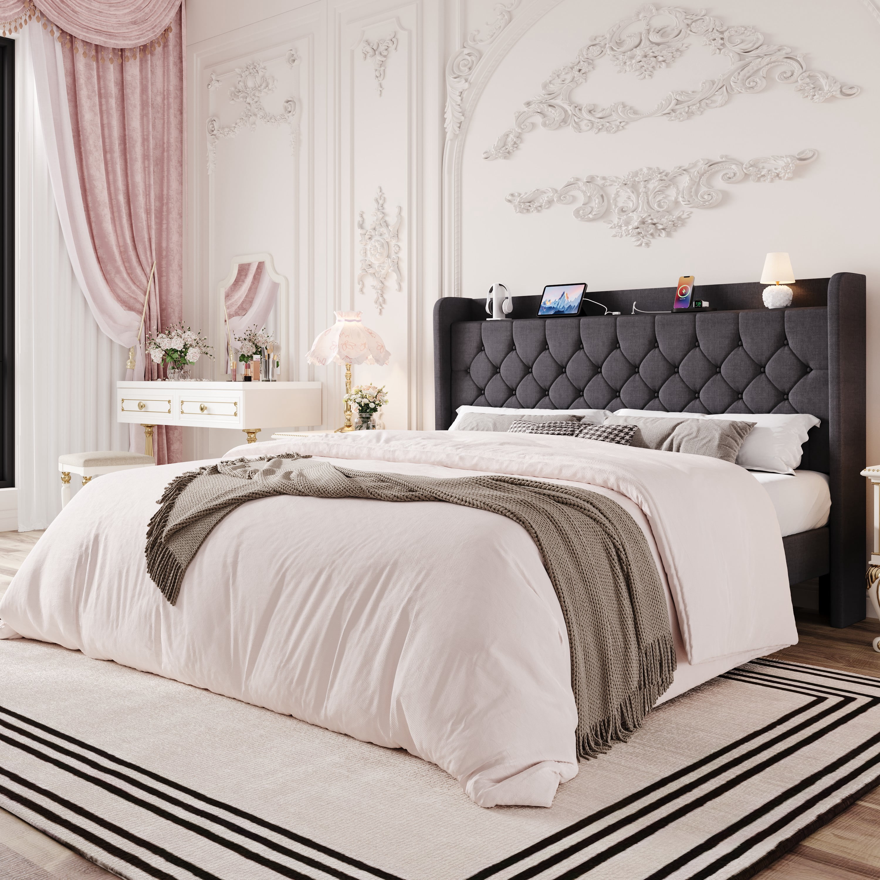 Einfach King Bed Frame, Upholstered Platform Bed with Storage Wingback Headboard and Fast Charging Hub, No Box Spring Required, Deep Gray