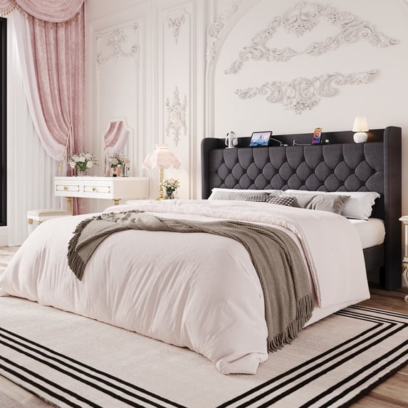 Einfach King Bed Frame, Upholstered Platform Bed with Storage Wingback Headboard and Fast Charging Hub, No Box Spring Required, Deep Gray