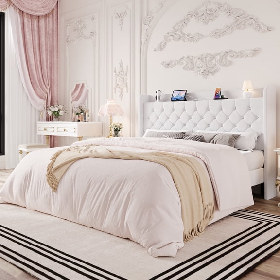 Einfach King Bed Frame, Upholstered Platform Bed with Storage Wingback Headboard and Fast Charging Hub, No Box Spring Required, White