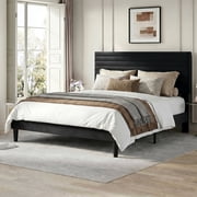 Einfach King Size Bed Frame, Velvet Upholstered Platform Bed with Adjustable Headboard, Horizontal Channel Design, No Box Spring Needed, Black