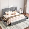 thumbnail image 1 of Einfach King Fabirc Platform Bed with 4 Big Storage Drawers, Square Button Tufted Adjustable Headboard, Light Grey, 1 of 9