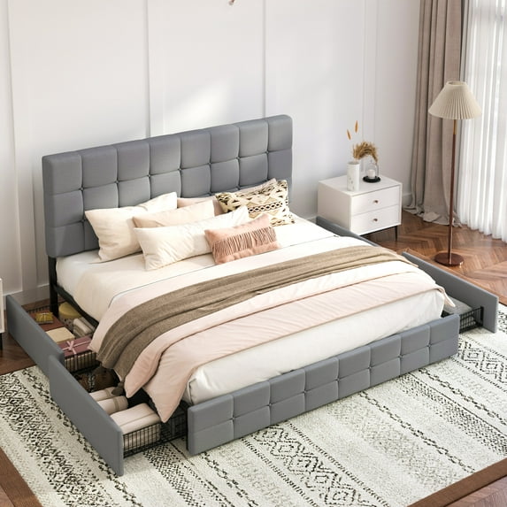 Einfach King Fabirc Platform Bed with 4 Big Storage Drawers, Square Button Tufted Adjustable Headboard, Light Grey