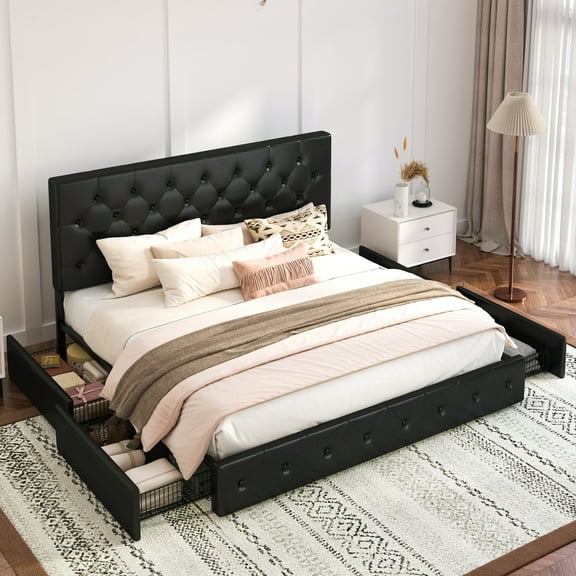 Einfach King Leather Platform Bed with 4 Big Storage Drawers, Diamond Button Tufted Adjustable Headboard, Black