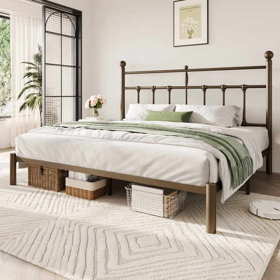 Einfach King Metal Bed Frame, Vintage Victorian Platform Bed with Headboard, 11" Under-Bed Storage, Antique Bronze