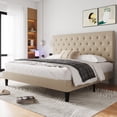 thumbnail image 1 of Einfach King Linen Fabric Platform Bed Frame with Diamond Button-tufted Headboard, Beige, 1 of 8