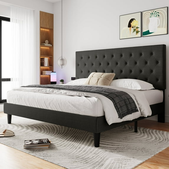 Einfach King Linen Fabric Platform Bed Frame with Diamond Button-tufted Headboard, Dark Grey