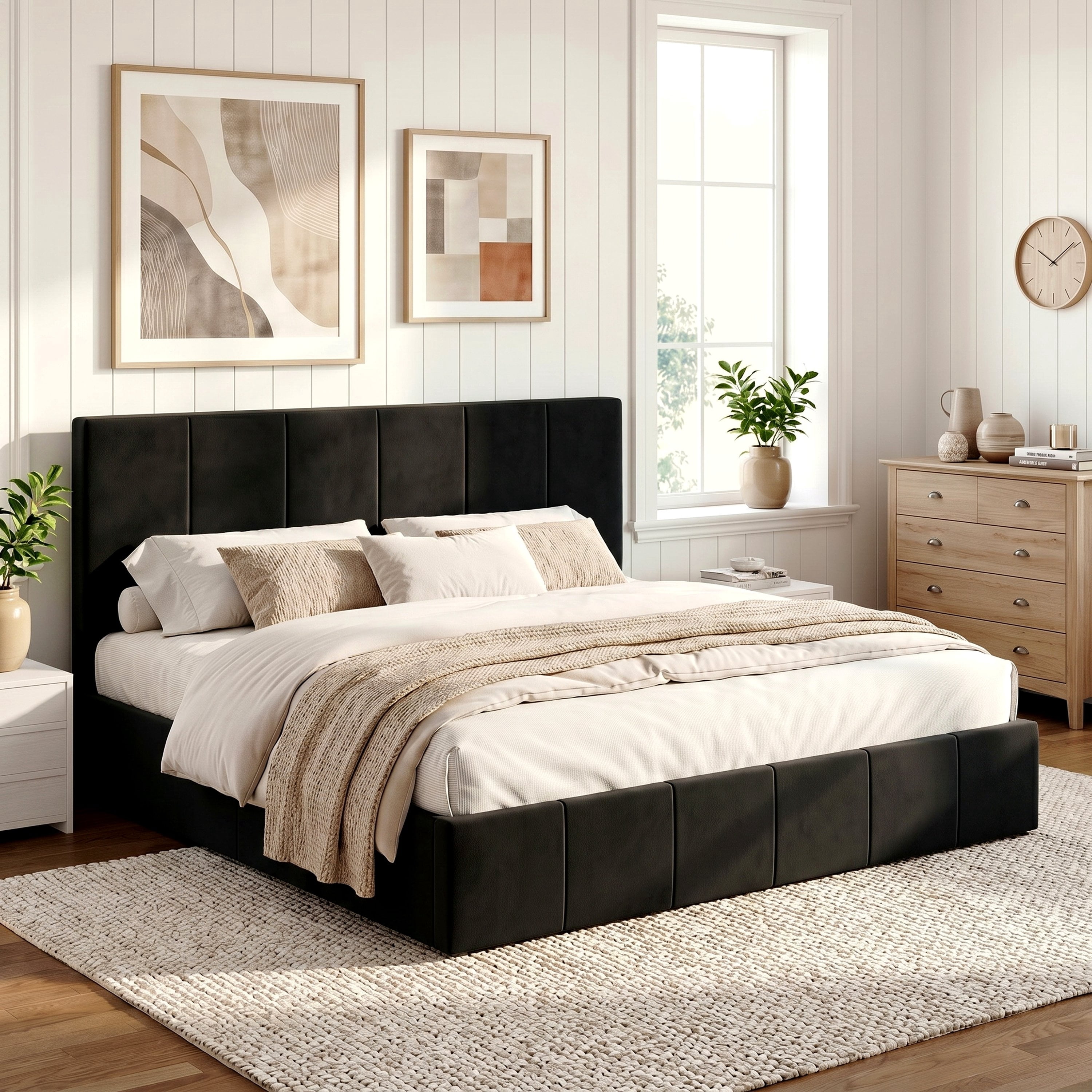 Einfach King Size Bed Frame, Upholstered Platform Bed with Height Adjustable Headboard, Easy Assembly, Noise-Free, Black